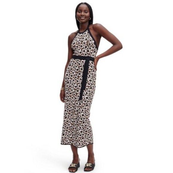 DVF Halter Tie Neck Neutral Poppy Sweaterknit Midi Dress NWT Size MEDIUM - Picture 1 of 9